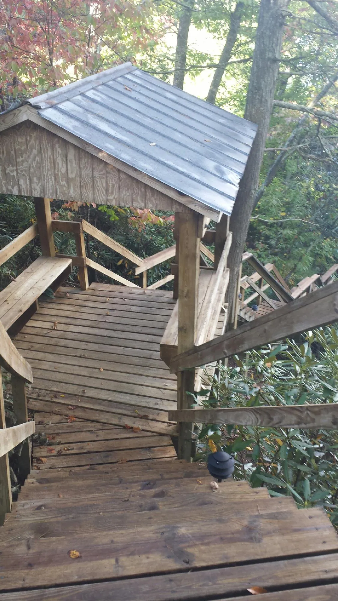 Metal roofed shelter over wooden steps on a wooded walkway — Skylight Repair & Installation work by our crew in Old Station